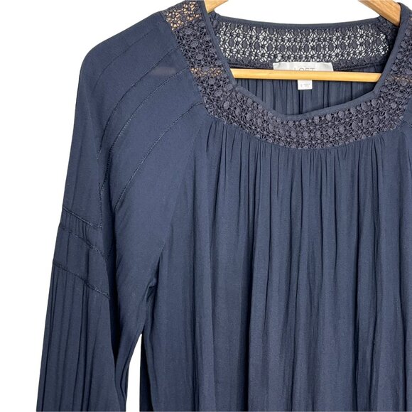 LOFT Navy Blue Blouse Small | Long Sleeve Shirred Peasant Boho Top - Picture 6 of 11